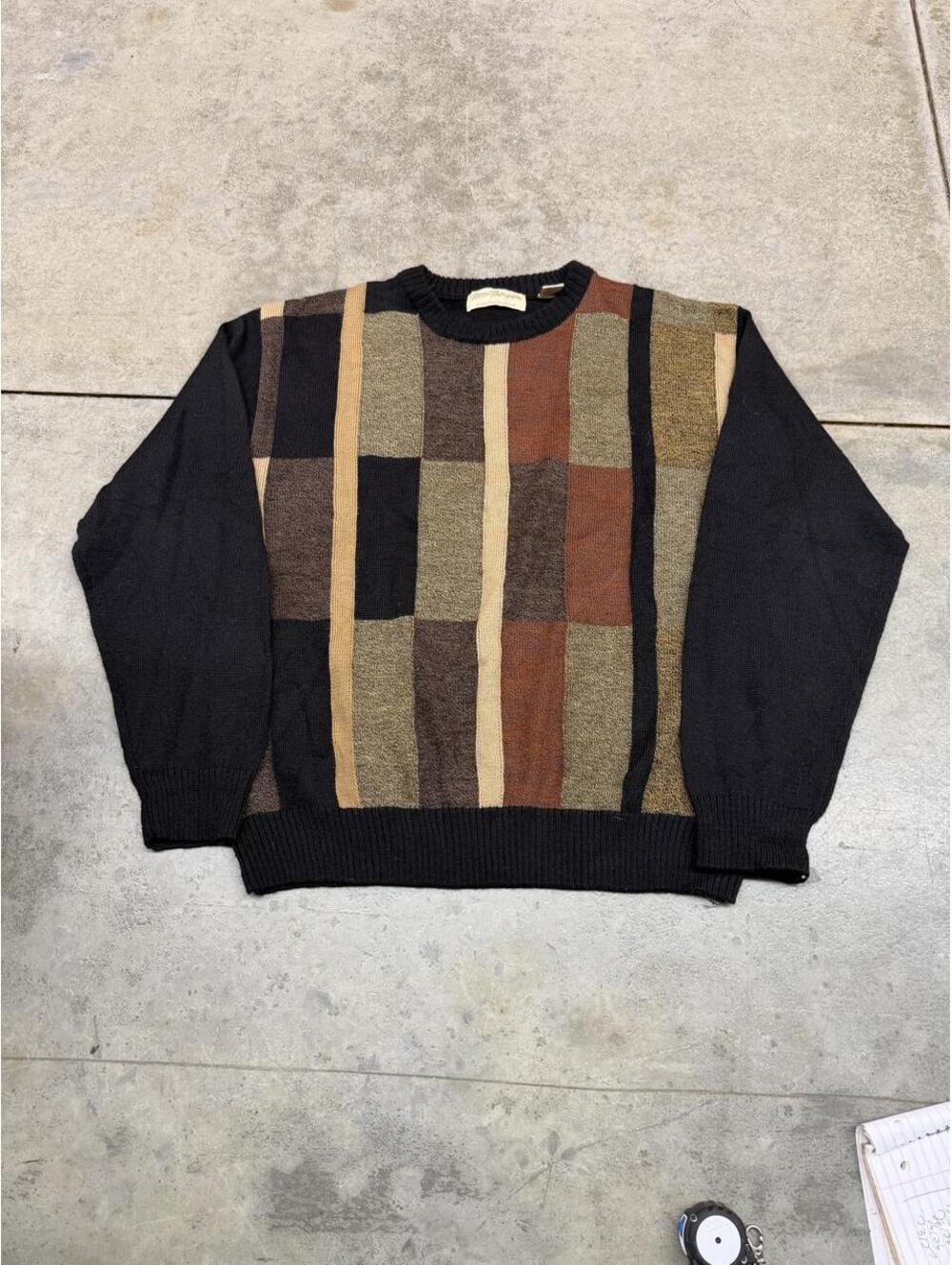 vintage norm thompson black beige and tan striped knit sweater size xl